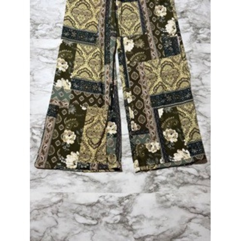 Love Poem Pants Women's Drawstring Waist Olive Green Patchwork Floral Wide Leg - Picture 4 of 7
